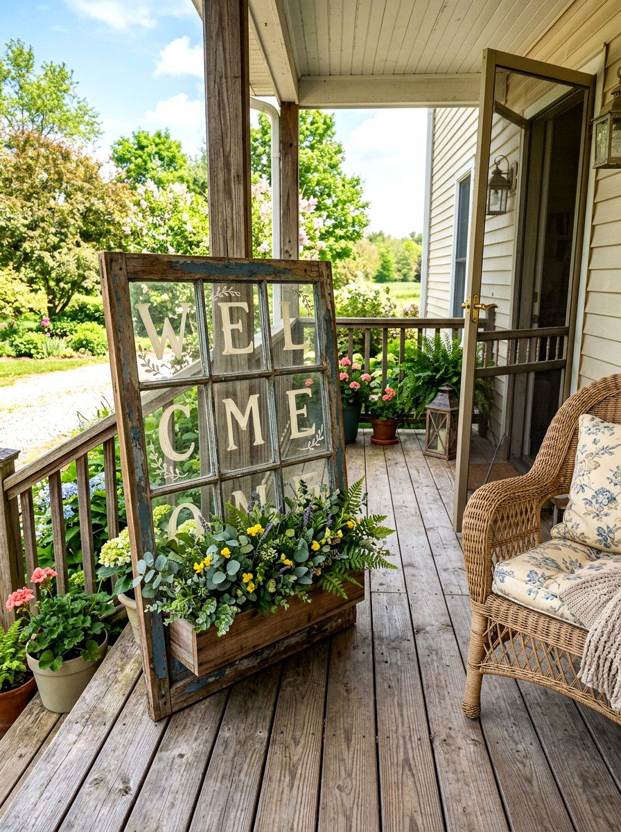 Vintage Window Frame Sign - 25 Spring Welcome Sign Ideas