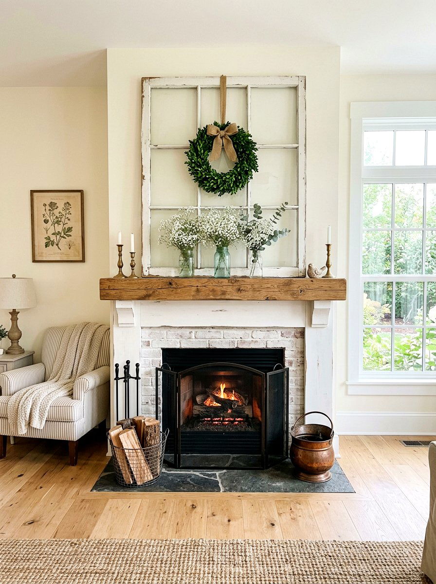 Vintage Window Spring Decor - 25 Spring Rustic Mantel Ideas