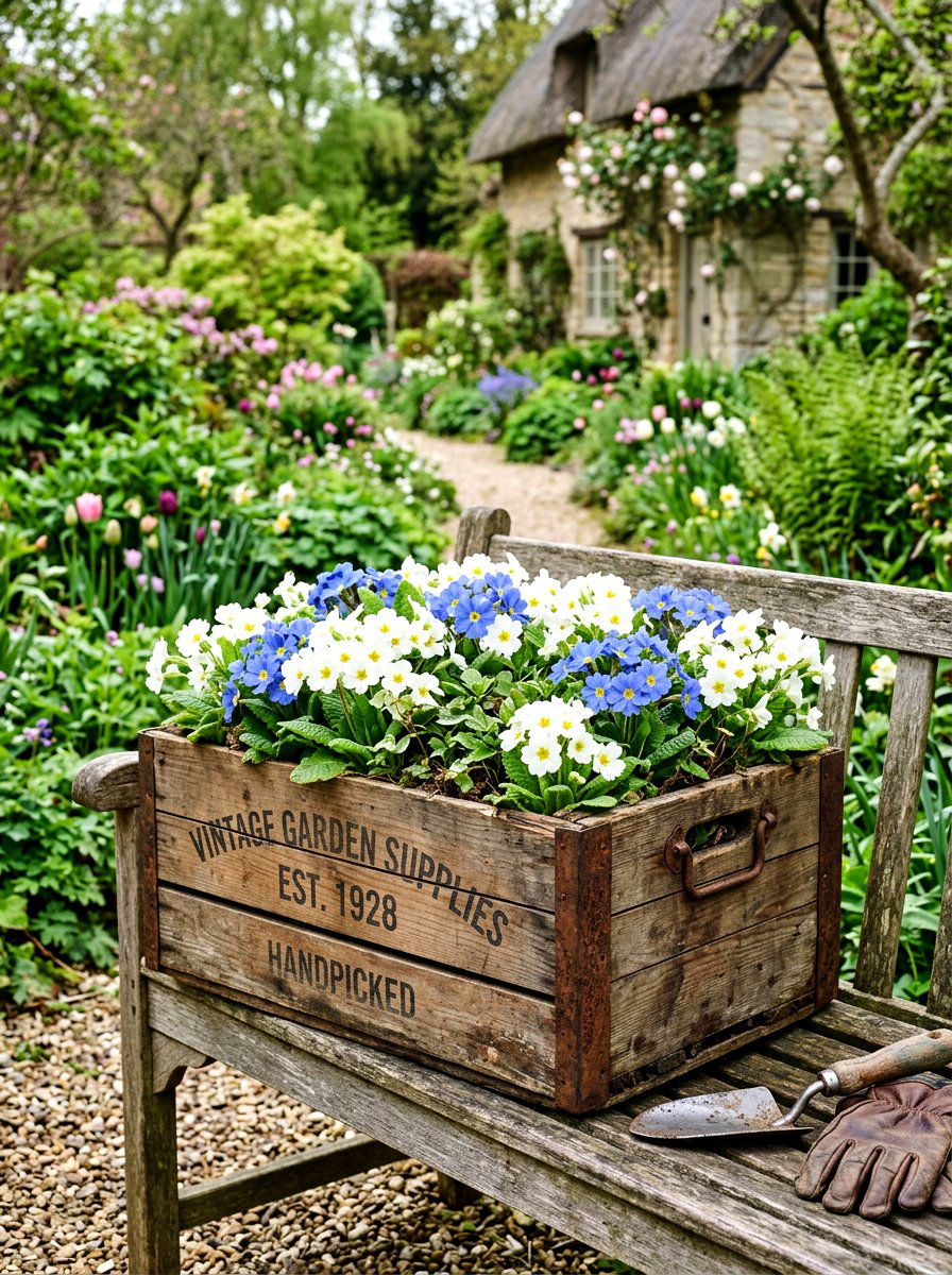 Vintage Wooden Box - 25 Spring Primrose Planter Ideas