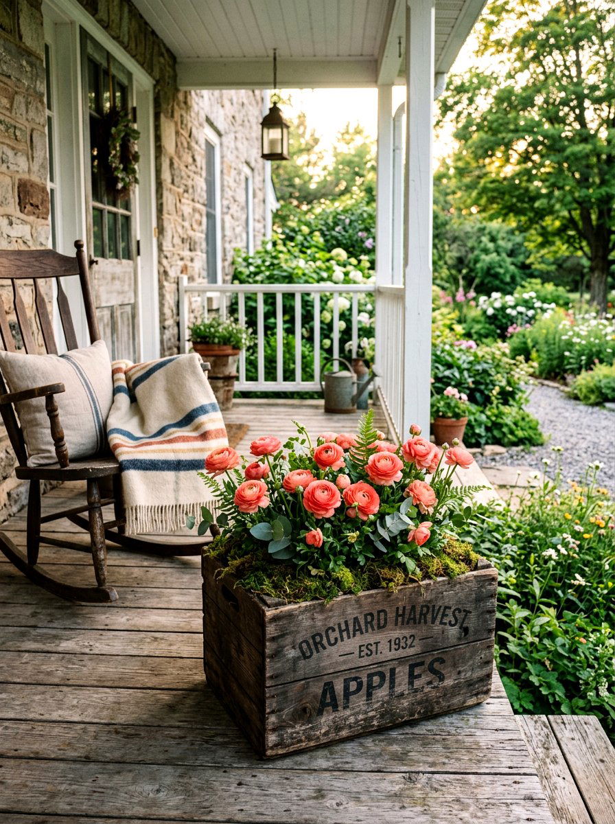 Vintage Wooden Crate Planter - 25 Spring Ranunculus Planter Ideas