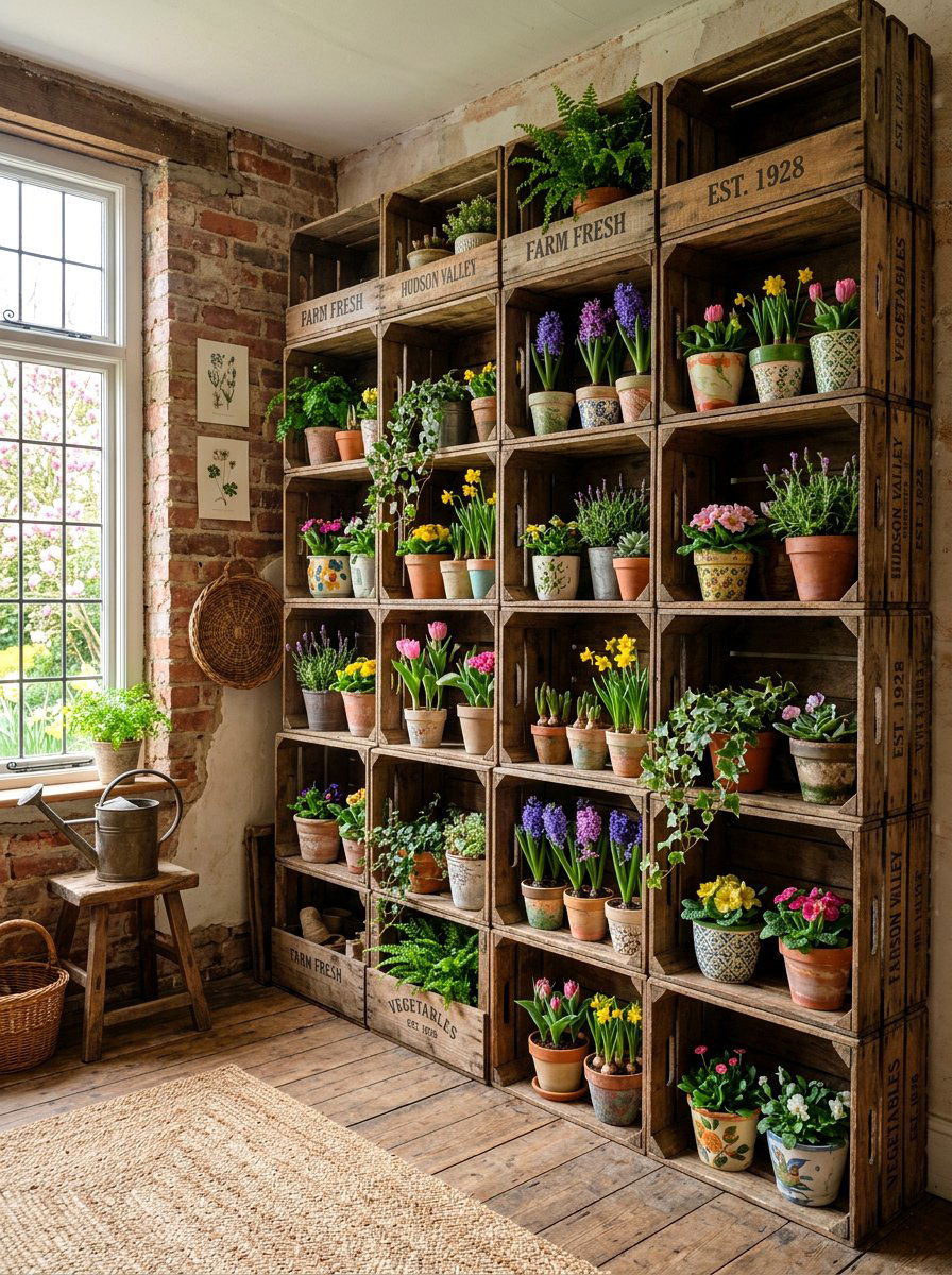 Vintage Wooden Crate Shelving - 25 Spring Plant Shelf Ideas
