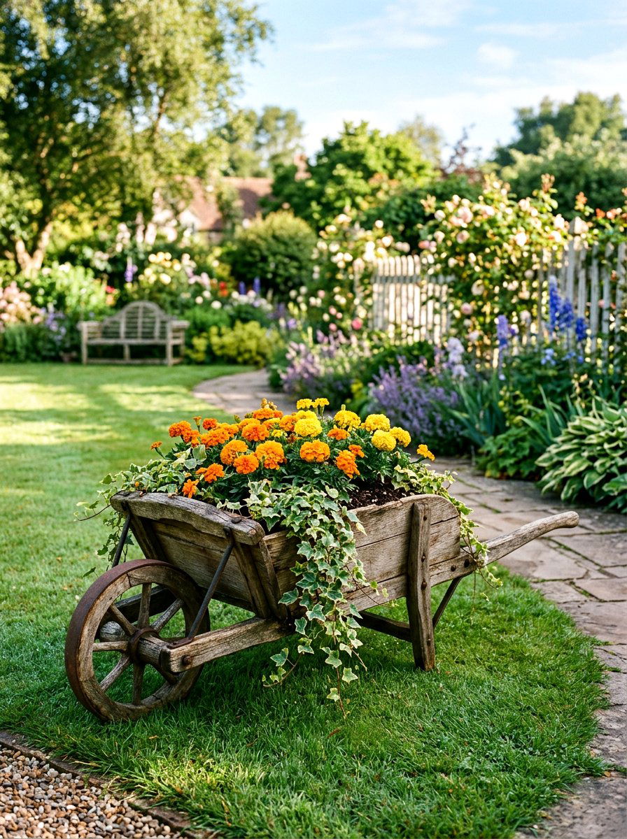 Vintage Wooden Wheelbarrow Planter - 25 Spring Wheelbarrow Decor Ideas