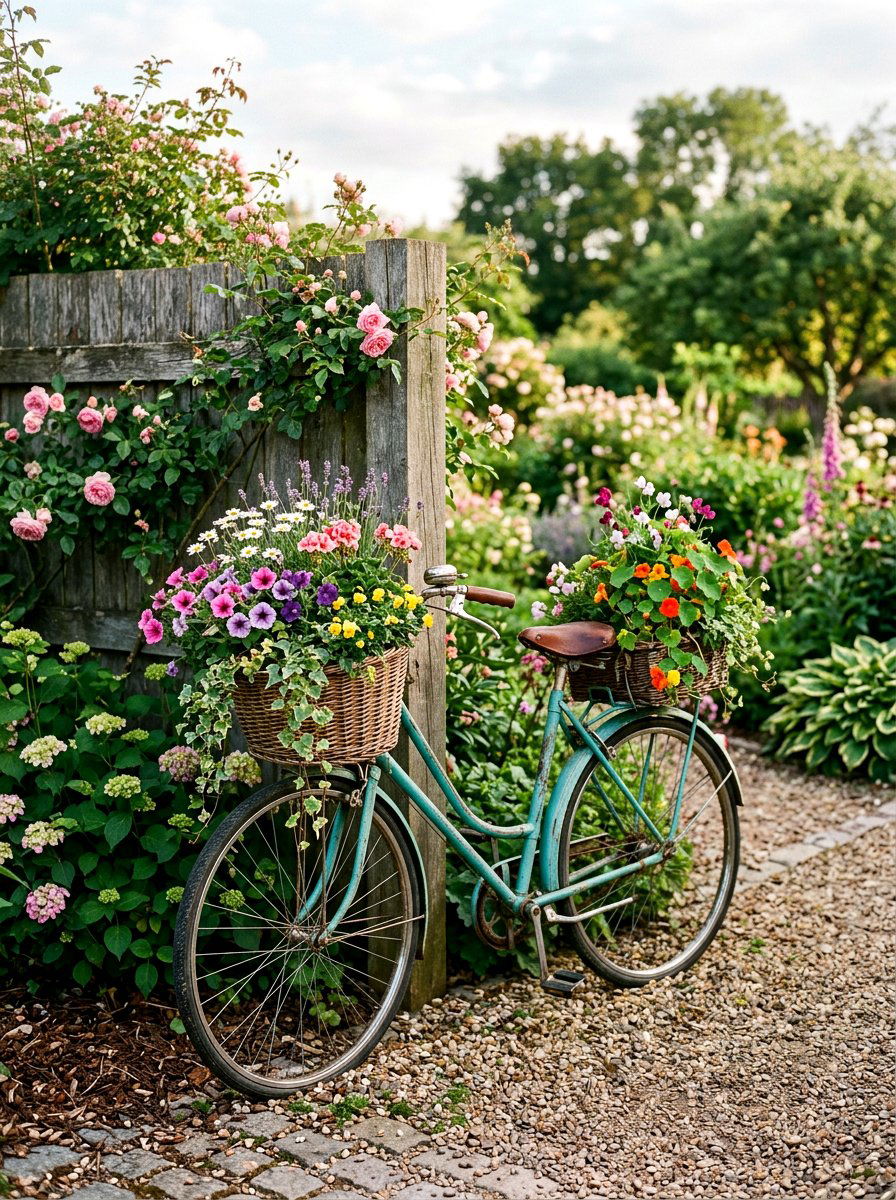Vintage bicycle garden planter - 25 Spring Picket Fence Decor Ideas