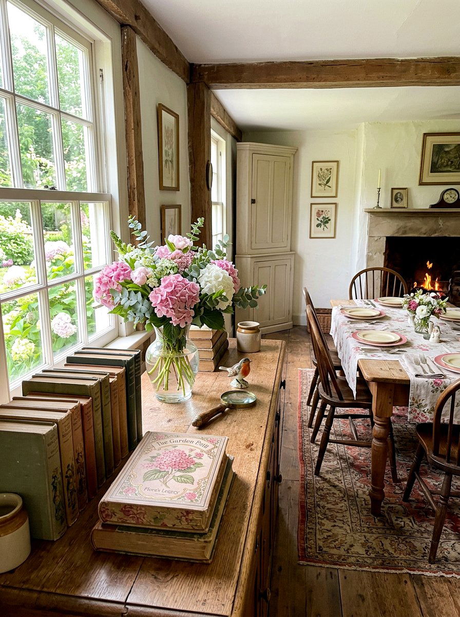 Vintage books with hydrangea - 25 Spring Dining Room Buffet Ideas