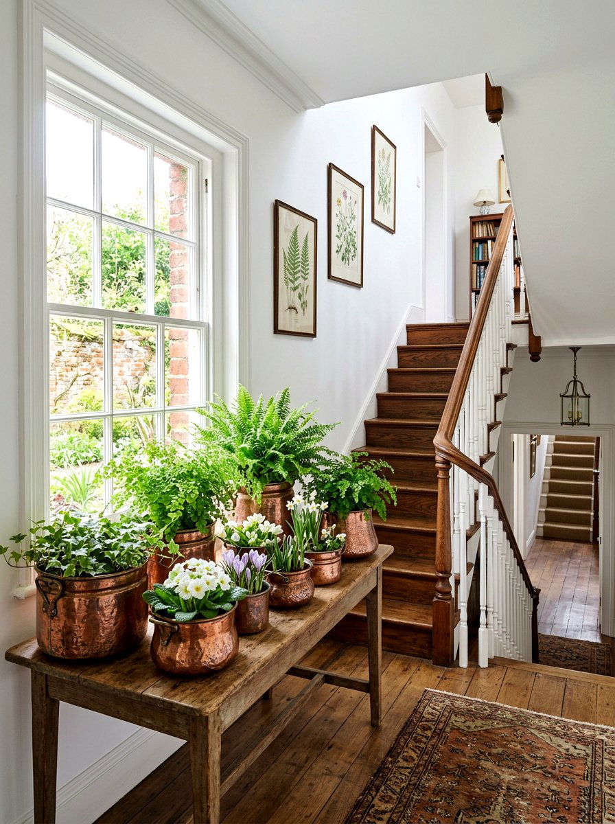 Vintage copper pot greenery - 25 Spring Staircase Decor Ideas
