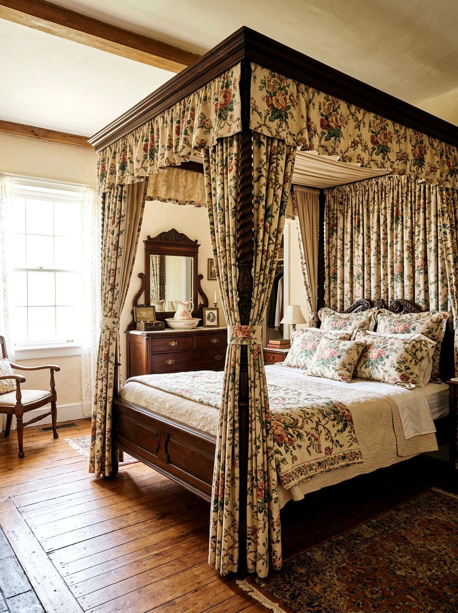 Vintage floral bed curtains - 25 Spring Four Poster Bed Decor Ideas