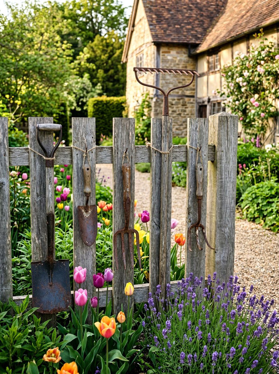 Vintage garden tools - 25 Spring Cottage Fence Decor Ideas
