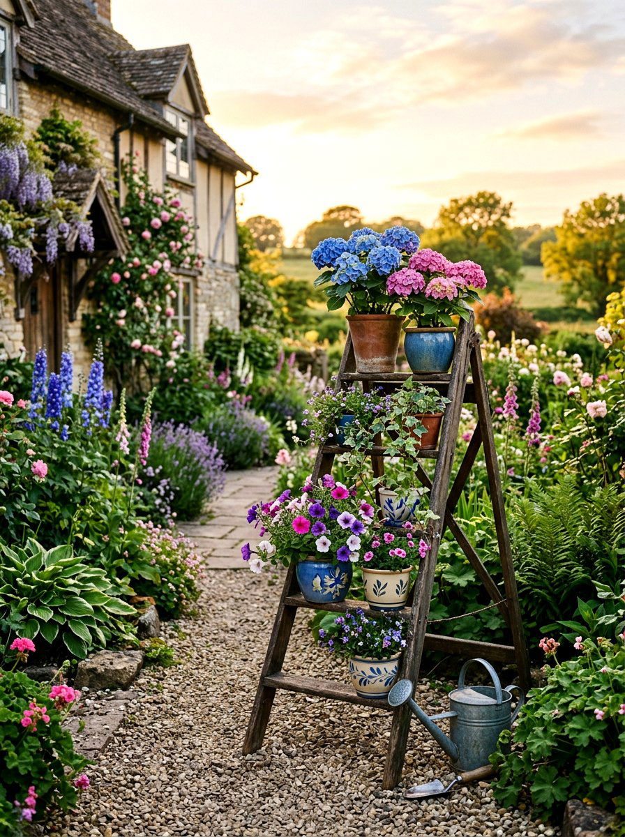 Vintage ladder garden planter - 25 Spring Outdoor Ladder Decor Ideas