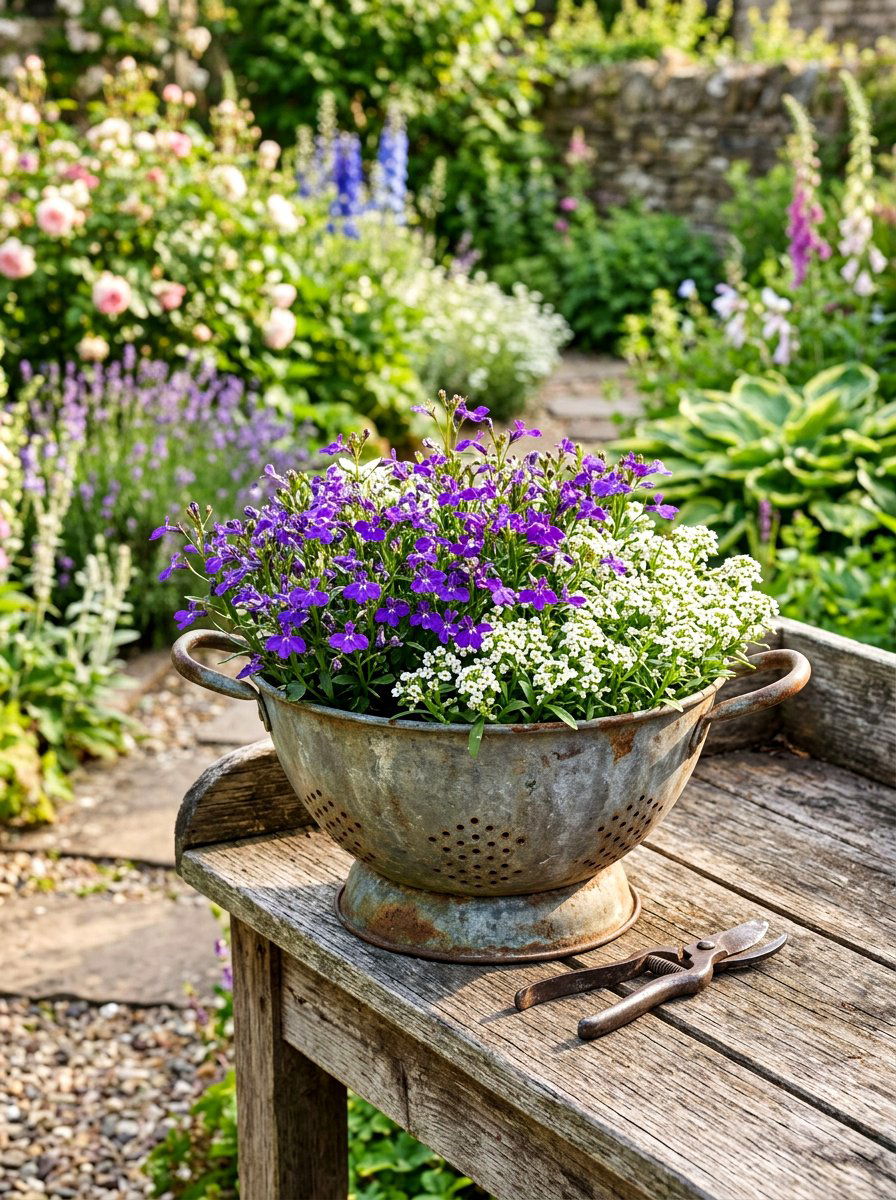Vintage metal colander planter - 25 Spring Colander Planter Ideas