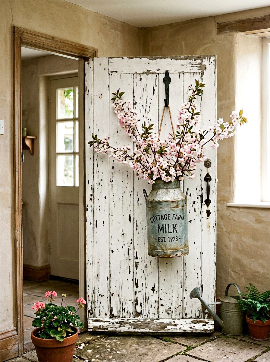 Vintage milk pail door hanger - 25 Spring Flower Bucket Door Ideas