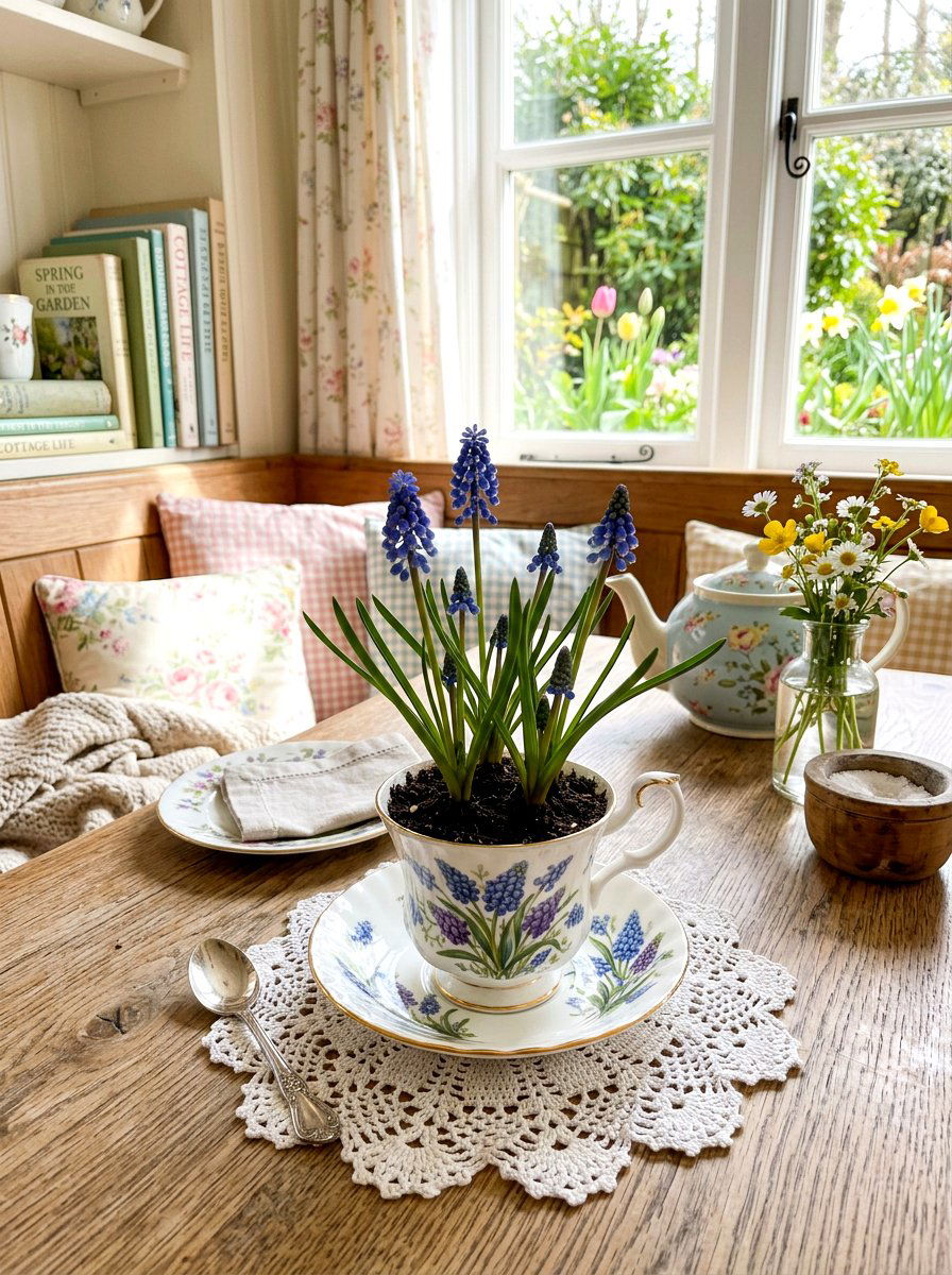 Vintage teacup grape hyacinth planter - 25 Spring Muscari Arrangement Ideas