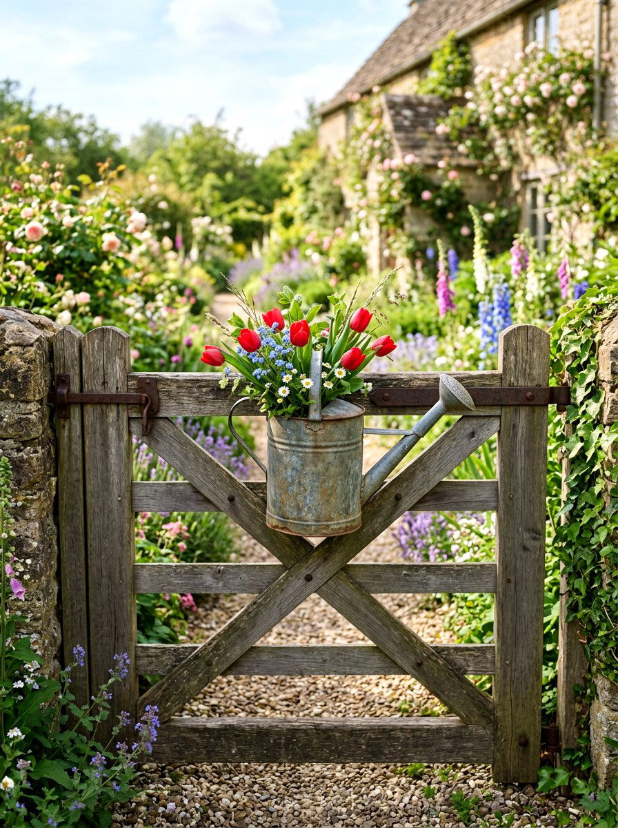 Vintage watering can gate decor - 25 Spring Garden Gate Decor Ideas