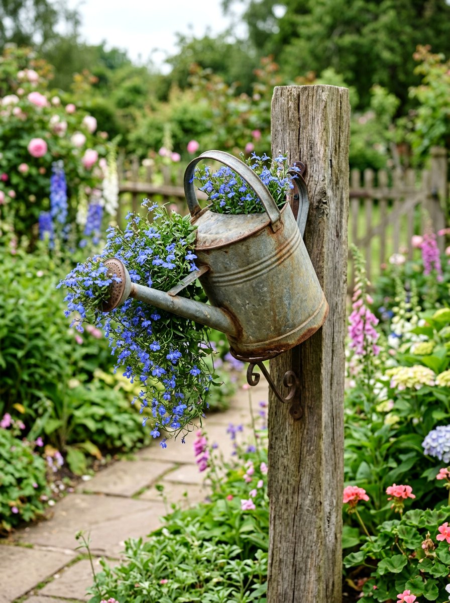 Vintage watering can planter - 25 Spring Picket Fence Decor Ideas