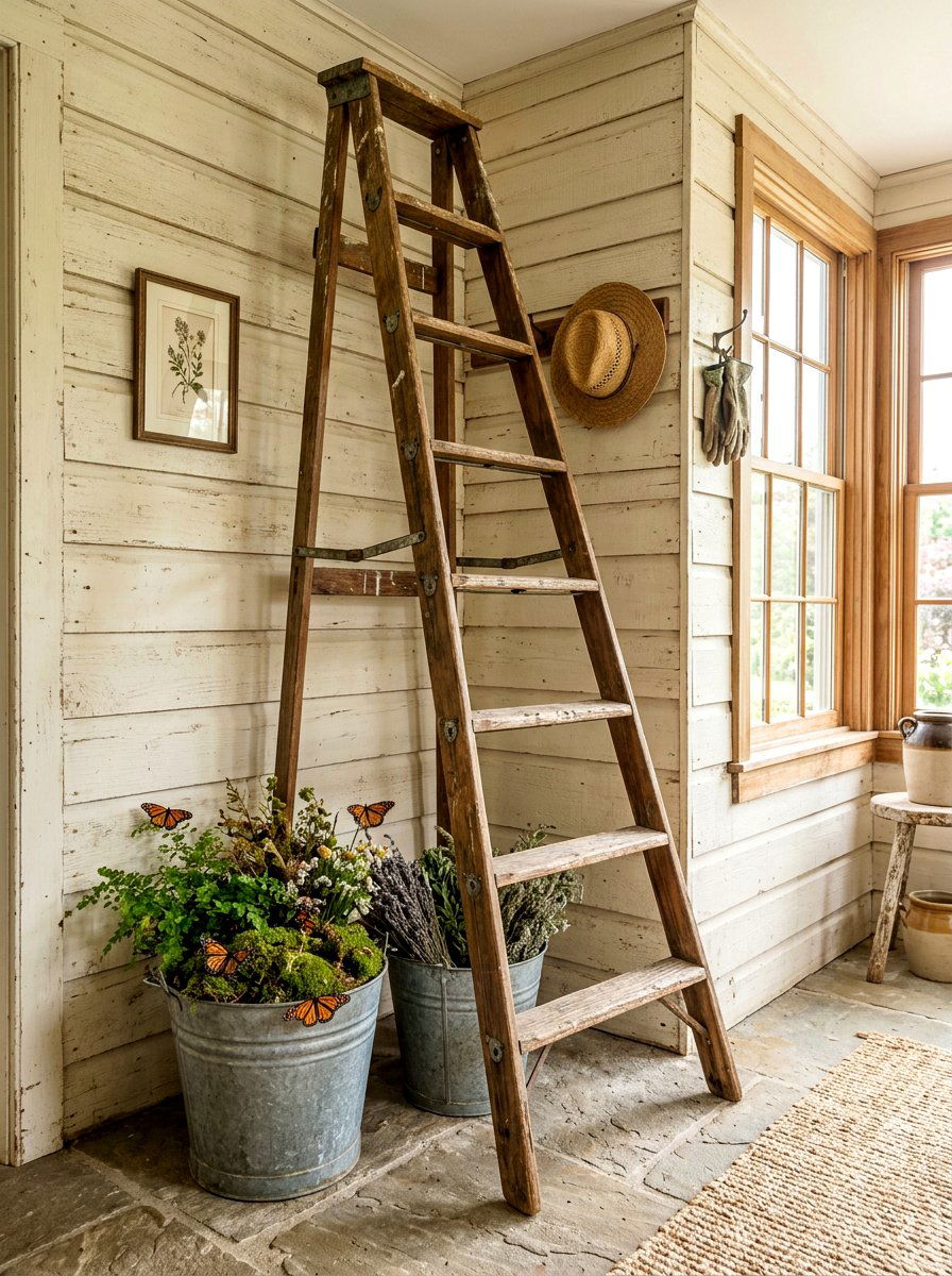 Vintage wooden ladder - 25 Spring Porch Corner Decor Ideas