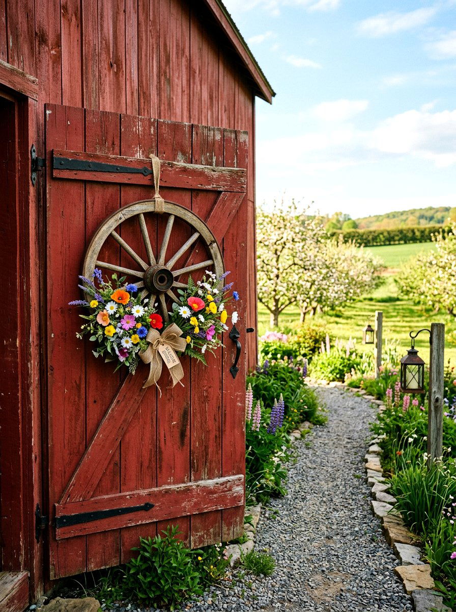Wagon wheel door decor - 25 Spring Door Hanger Ideas