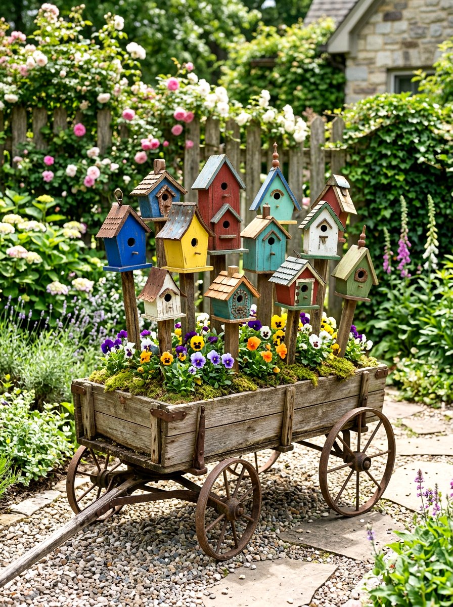 Wagon with birdhouses - 25 Spring Garden Wagon Decor Ideas