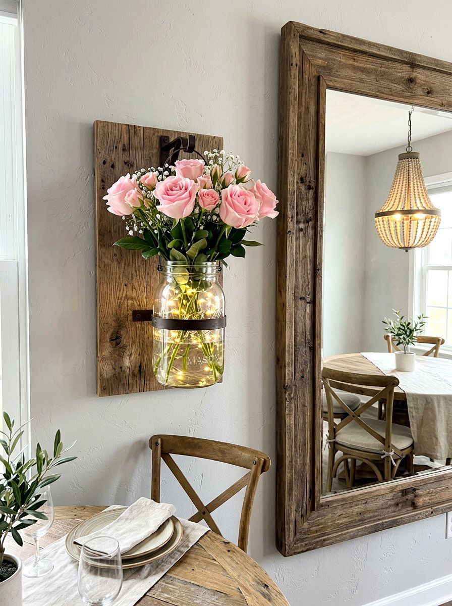 Wall Mounted Mason Jar Sconce With Roses - 25 Spring Mason Jar Flower Ideas