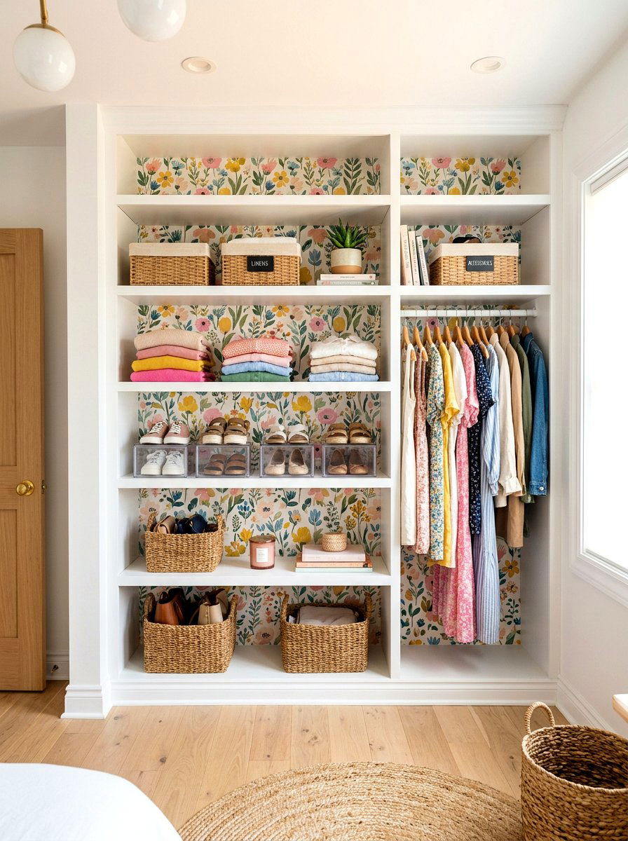 Wallpapered Closet Backing - 25 Spring Closet Refresh Ideas