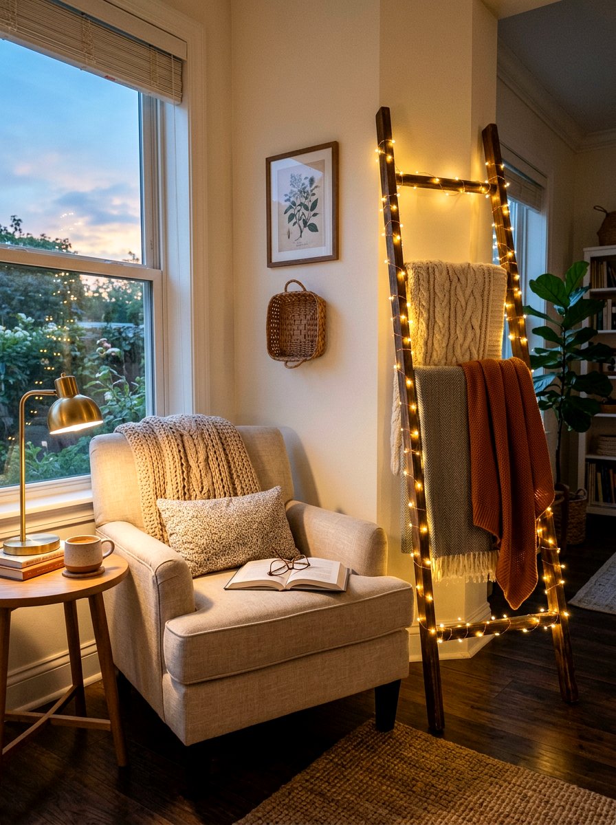 Warm LED String Light - 25 Spring Blanket Ladder Decor Ideas