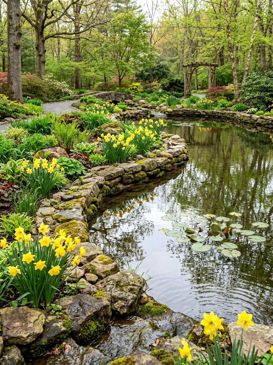 Water Feature Border - 25 Spring Daffodil Garden Ideas