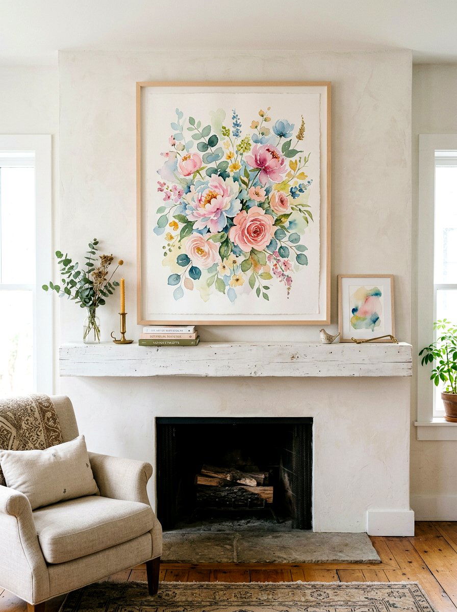 Watercolor Art Mantel - 25 Spring Mantel Decor Ideas