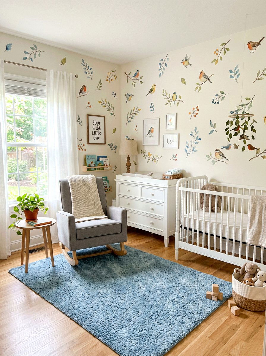 Watercolor Bird And Branch Decal - 25 Spring Nursery Wall Decor Ideas
