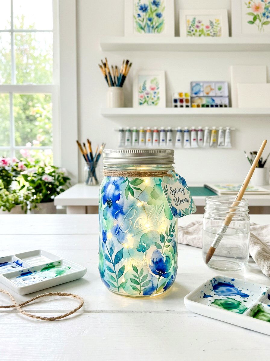Watercolor Mason Jar Light - 25 Spring Mason Jar Lantern Ideas