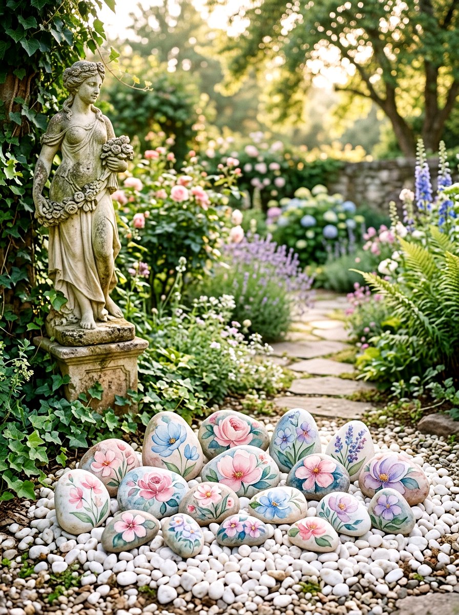 Watercolor Style Flower Stone - 25 Spring Painted Rock Ideas for Garden