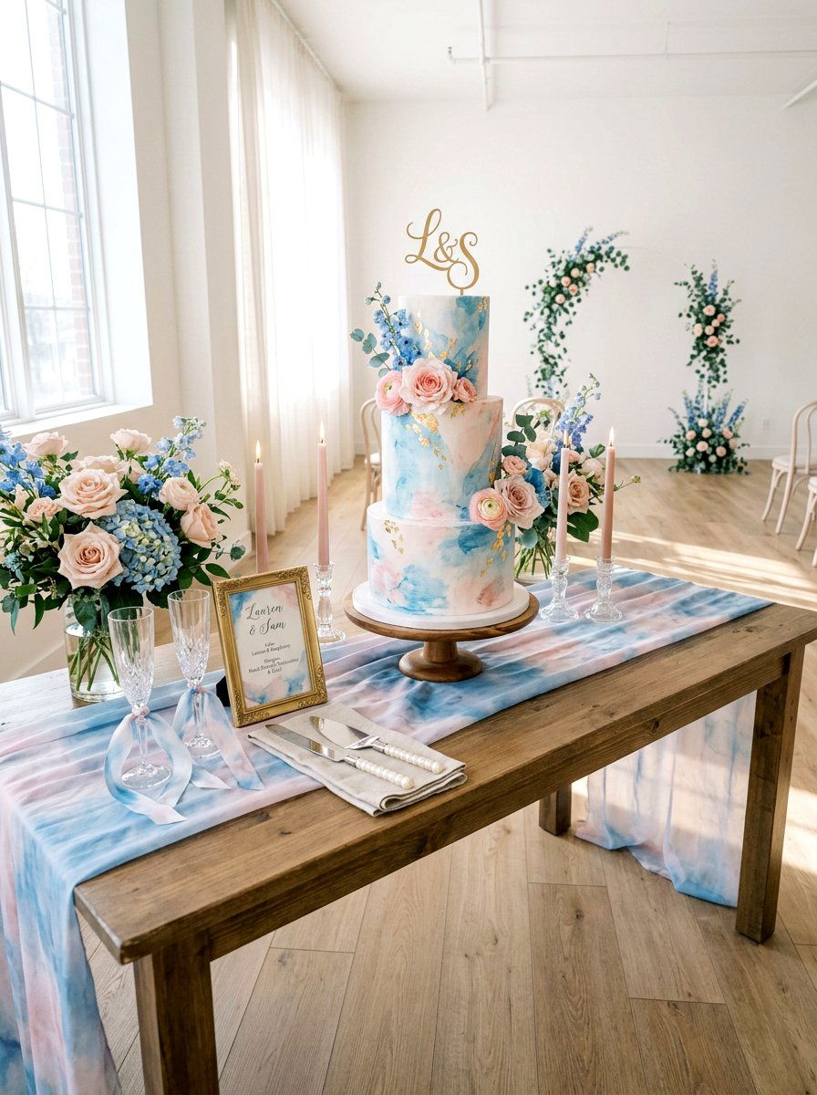 Watercolor Theme Wedding Cake Table - 25 Spring Wedding Cake Table Ideas