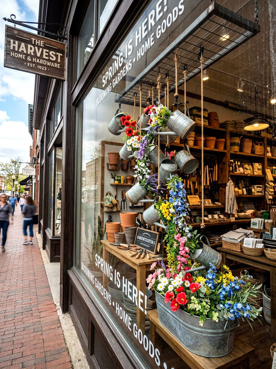 Watering Can Cascade - 25 Spring Store Window Ideas