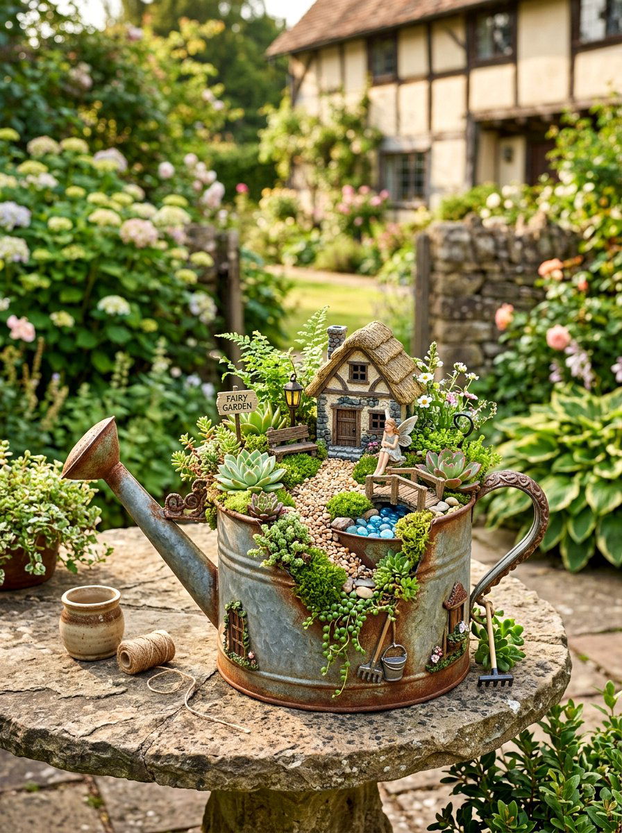 Watering Can Fairy Garden Arrangement - 25 Spring Watering Can Decor Ideas