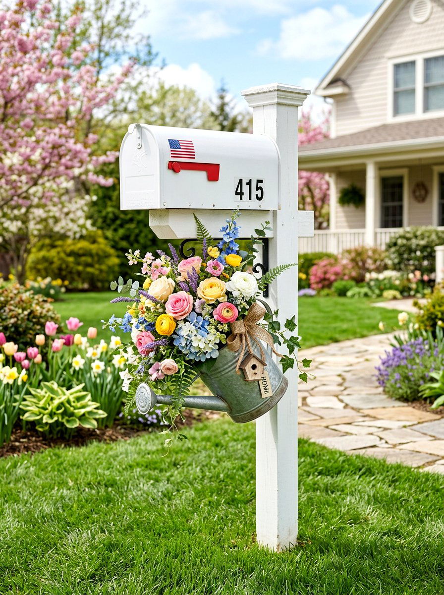 Watering Can Floral Arrangement For Mailbox - 25 Spring Watering Can Decor Ideas