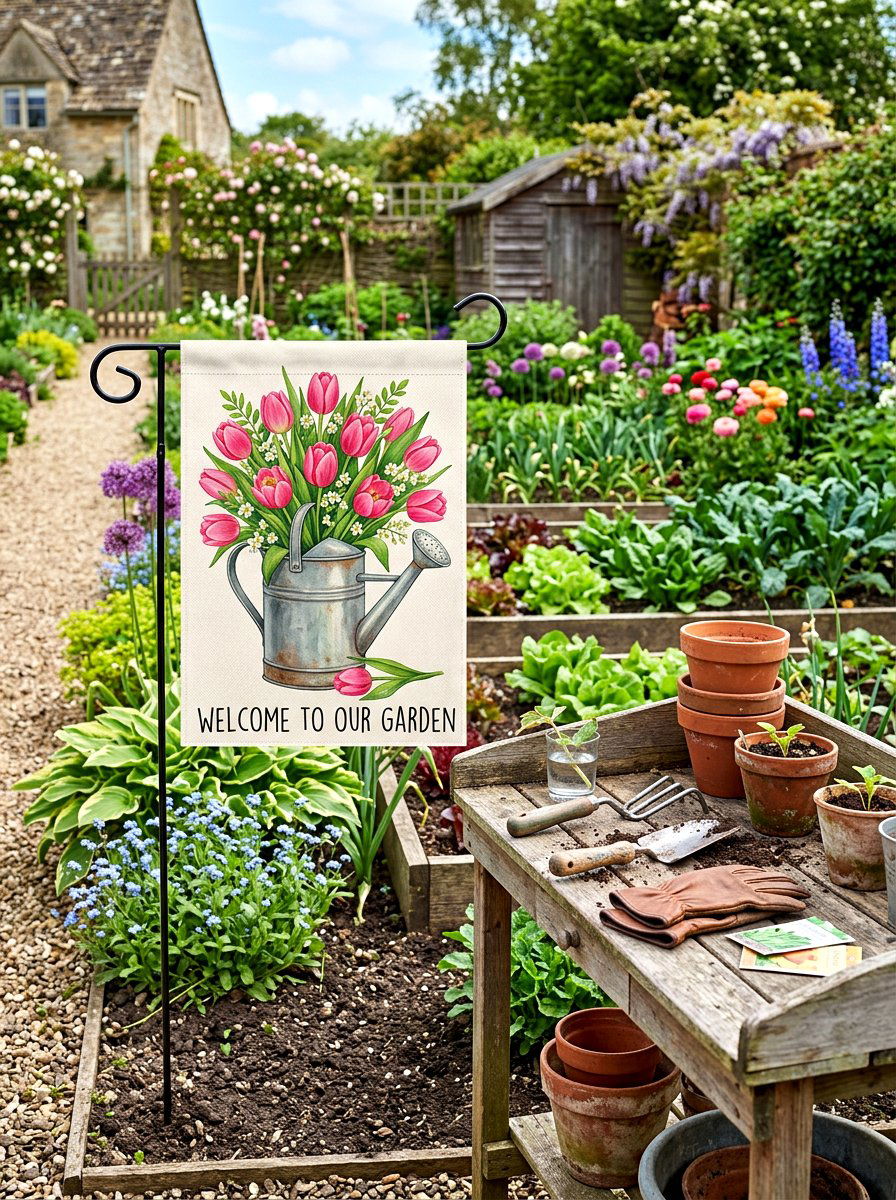 Watering Can Garden Flag - 25 Spring Yard Flag Ideas