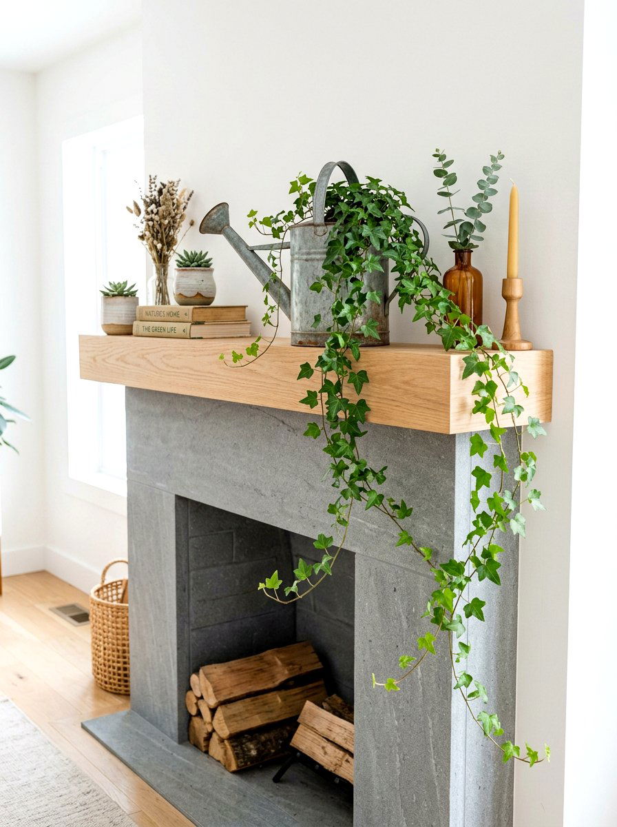Watering Can Mantel Display With Ivy - 25 Spring Watering Can Decor Ideas