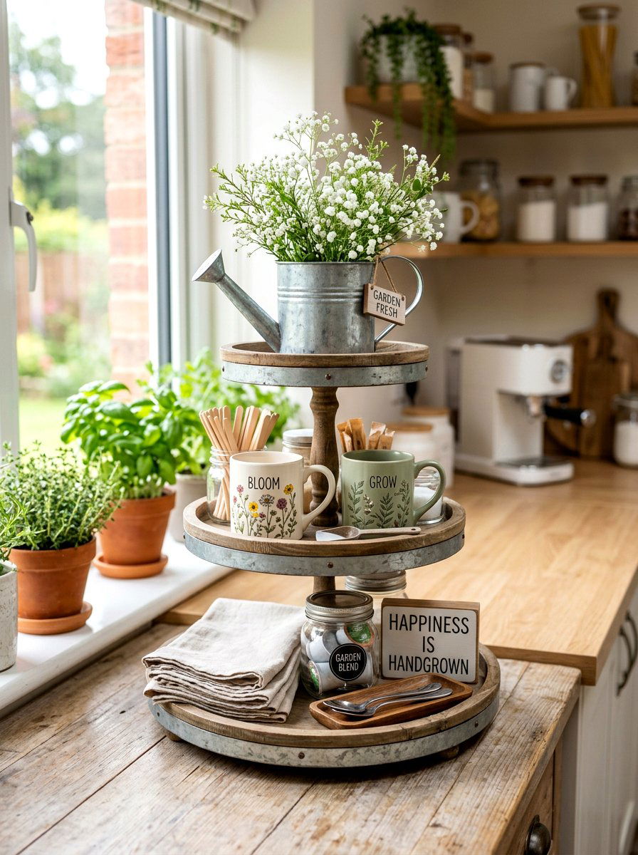 Watering Can Tiered Tray - 25 Spring Coffee Bar Tiered Tray Ideas