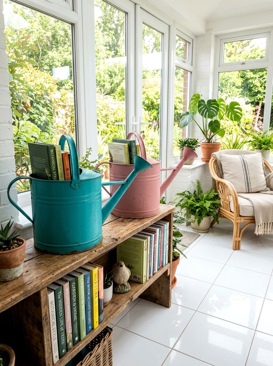 Watering can book storage - 25 Spring Bookshelf Ideas for Kids