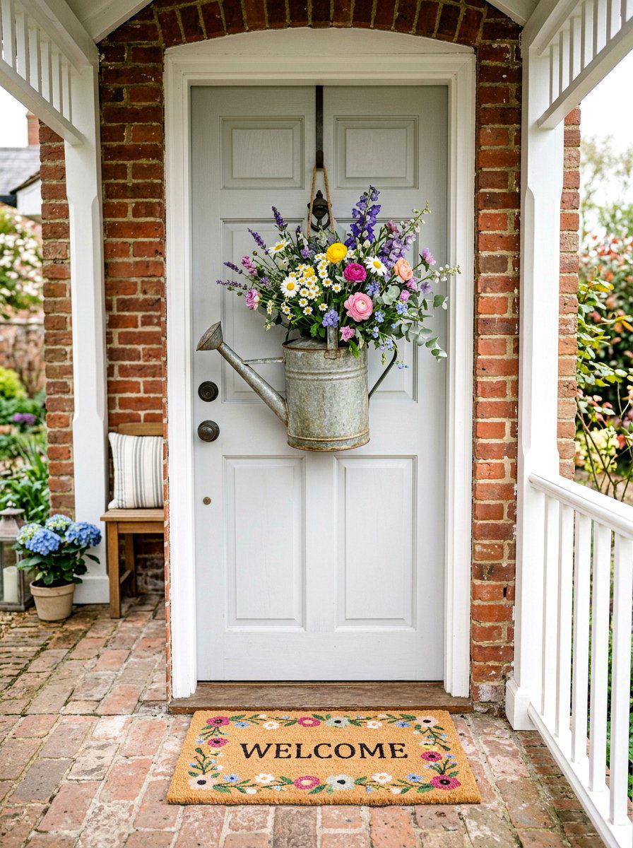Watering can door decor - 25 Spring Door Hanger Ideas