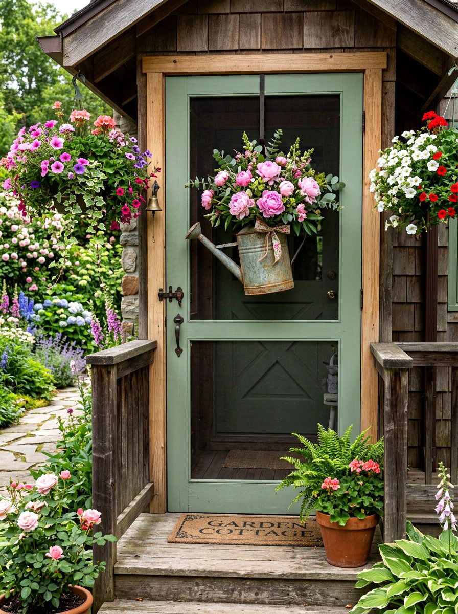 Watering can door decor - 25 Spring Screen Door Decor Ideas