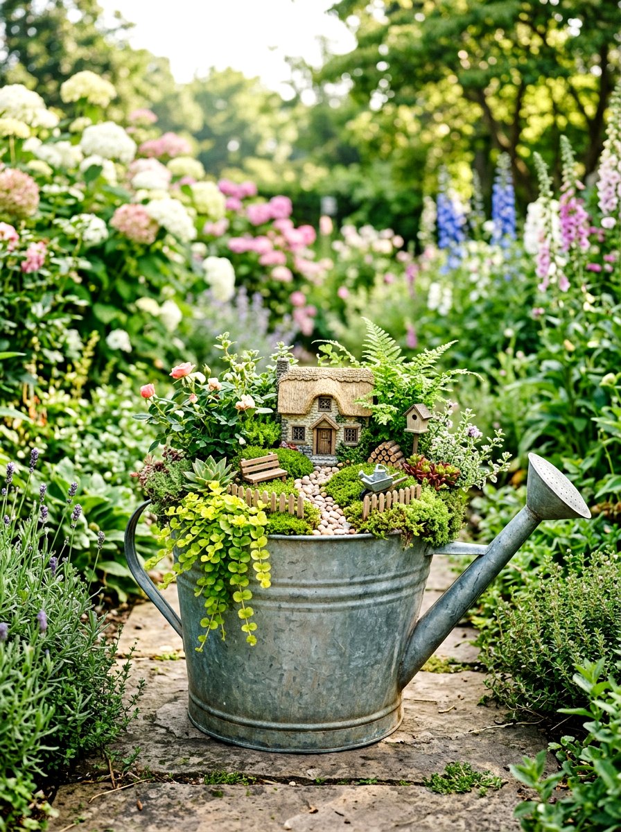 Watering can fairy garden - 25 Spring Fairy Garden Ideas