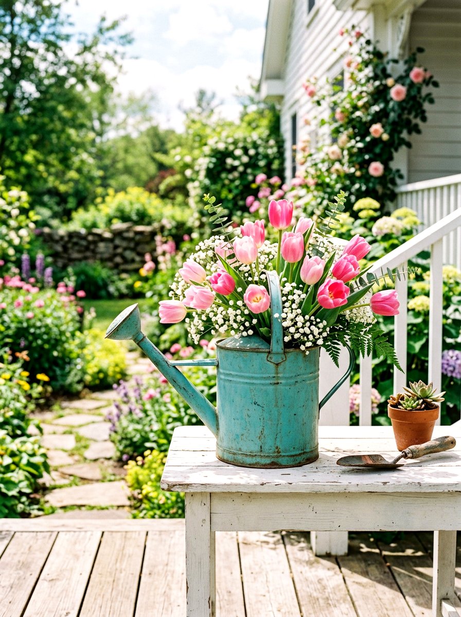 Watering can floral display - 25 Spring Planter Ideas for Front Porch
