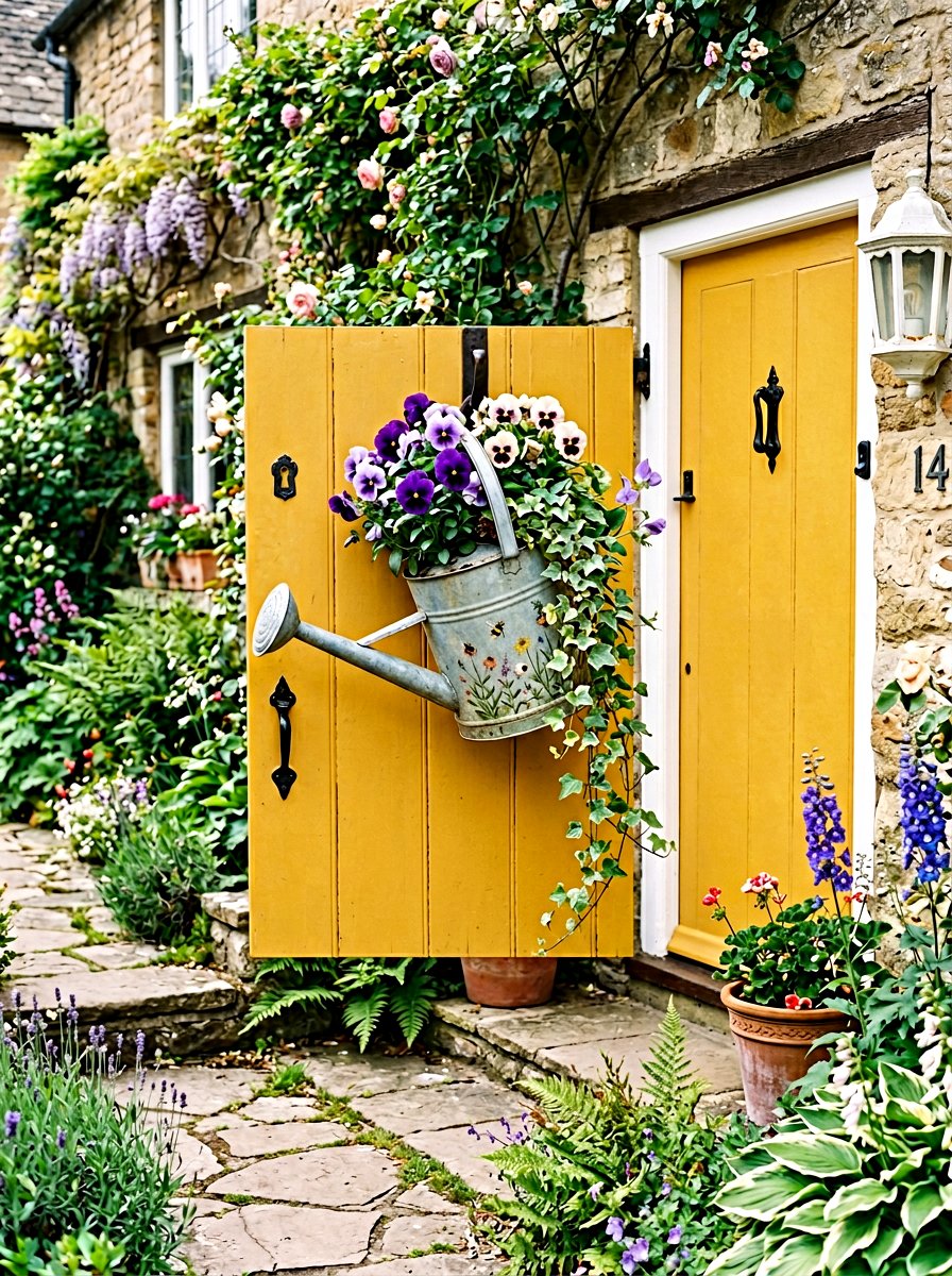 Watering can flower bucket - 25 Spring Flower Bucket Door Ideas