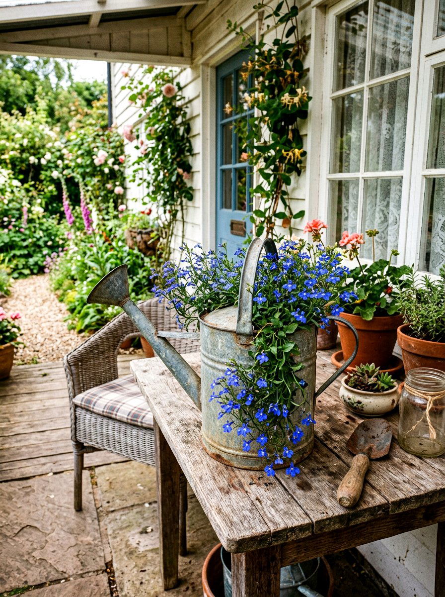 Watering can planter - 25 Spring Porch Table Decor Ideas