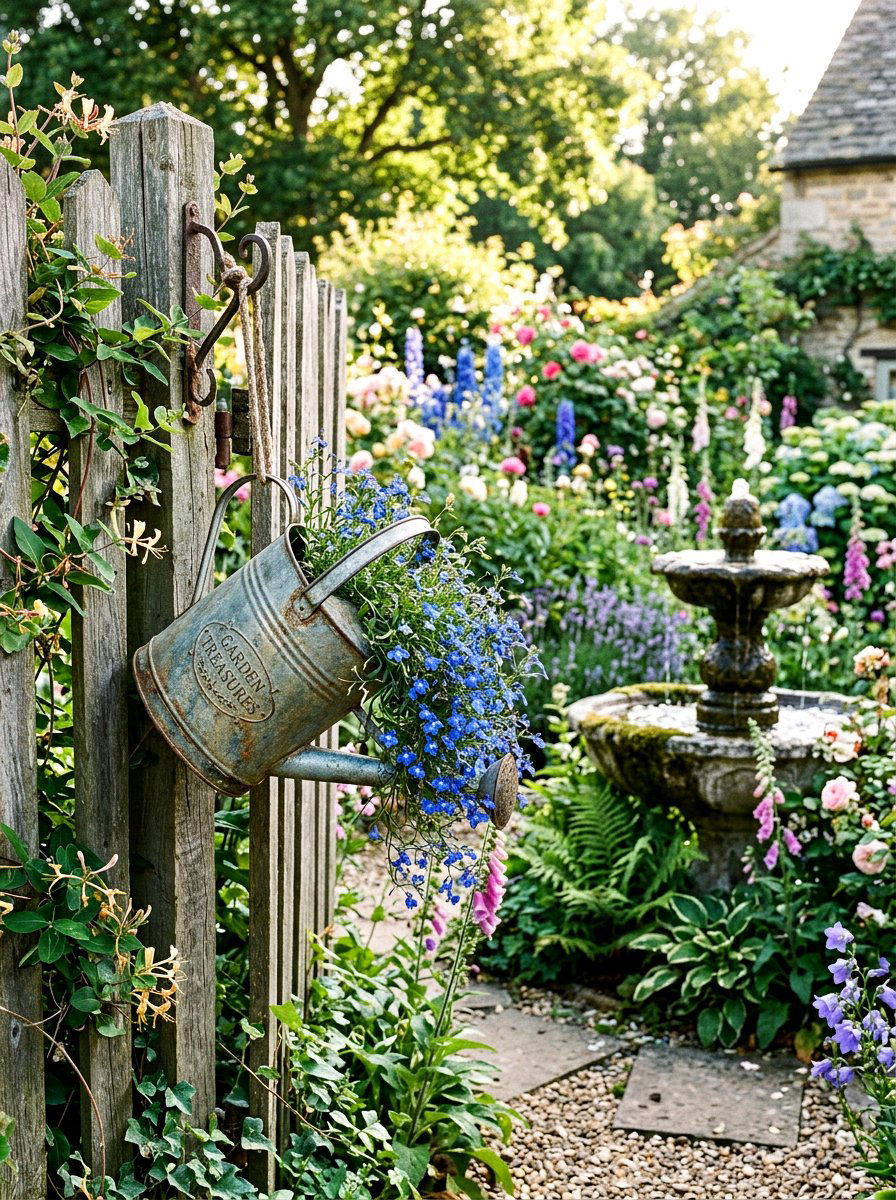 Watering can planter - 25 Spring Cottage Fence Decor Ideas