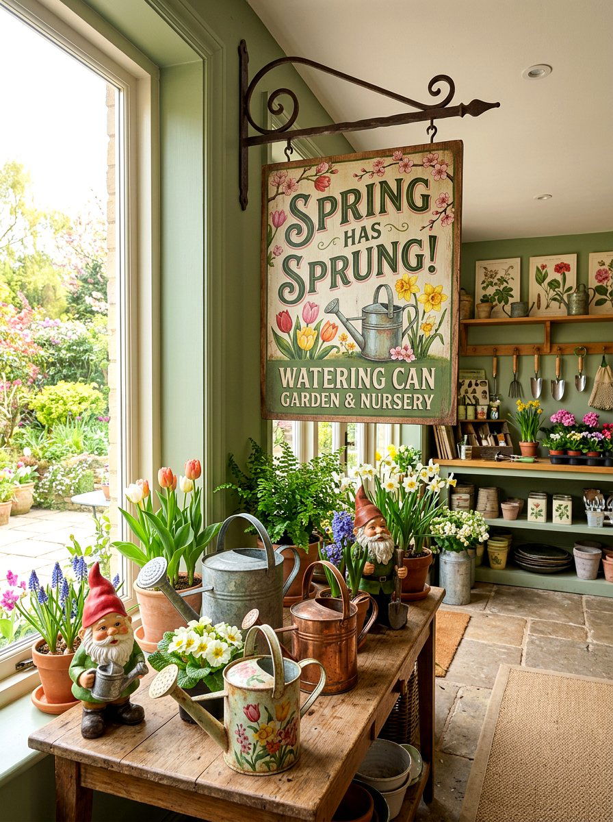 Watering can spring sign - 25 Spring Porch Sign Ideas