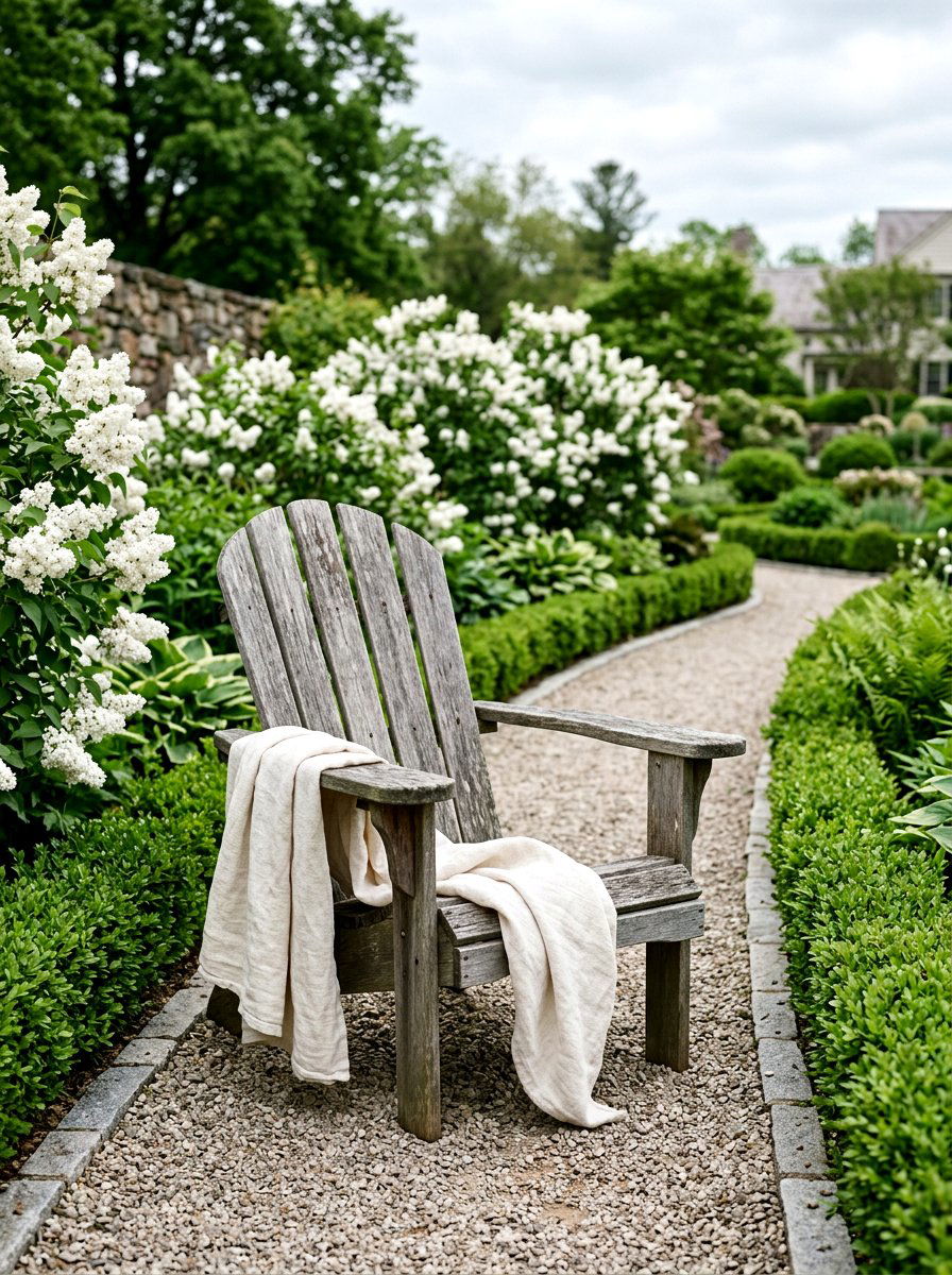 Weathered Gray Chair With Linen Blanket - 25 Spring Adirondack Chair Decor Ideas