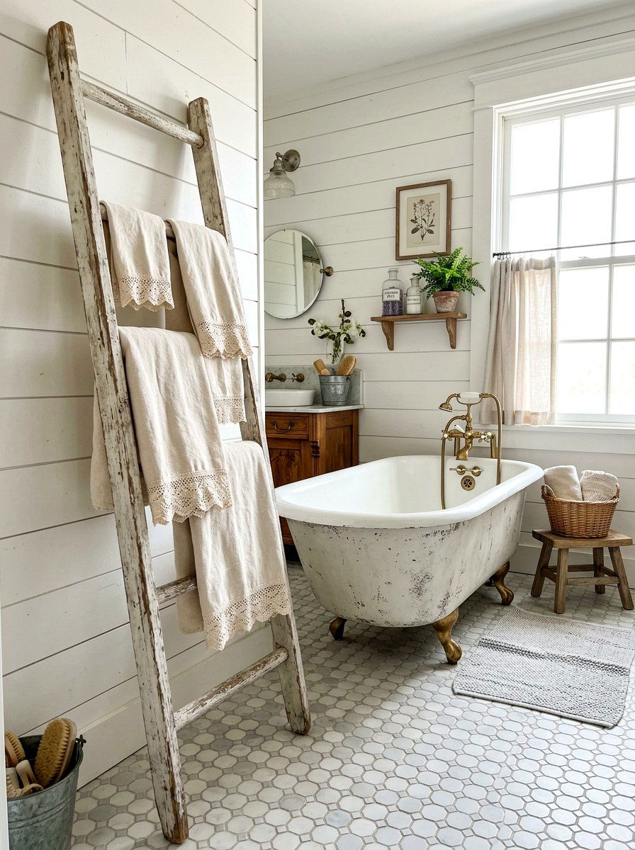 Weathered Ladder Towel Rack - 25 Spring Shabby Chic Decor Ideas