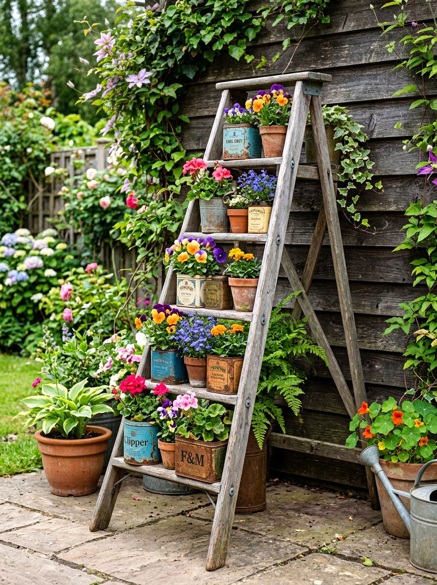 Weathered Step Ladder Stand - 25 Spring Antique Planter Ideas