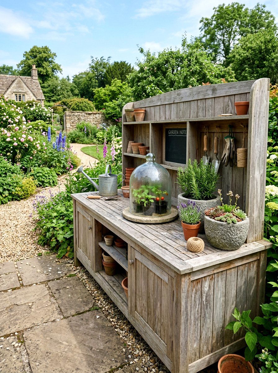 Weathered Teak Potting Station - 25 Spring Potting Bench Decor Ideas