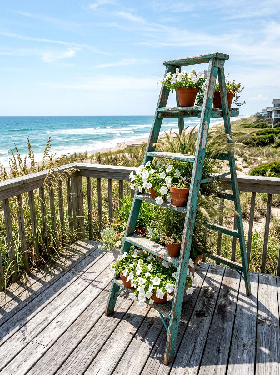 Weathered Teal Garden Ladder - 25 Spring Garden Ladder Display Ideas