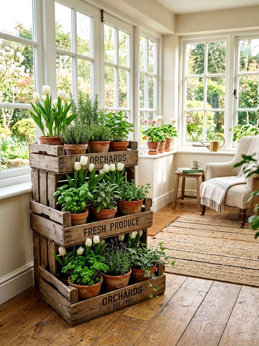 Weathered Wood Crate Display - 25 Spring Antique Planter Ideas